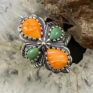 Carolyn Pollack Sterling Silver Orange Spiny Oyster & Gaspeite Cross Ring